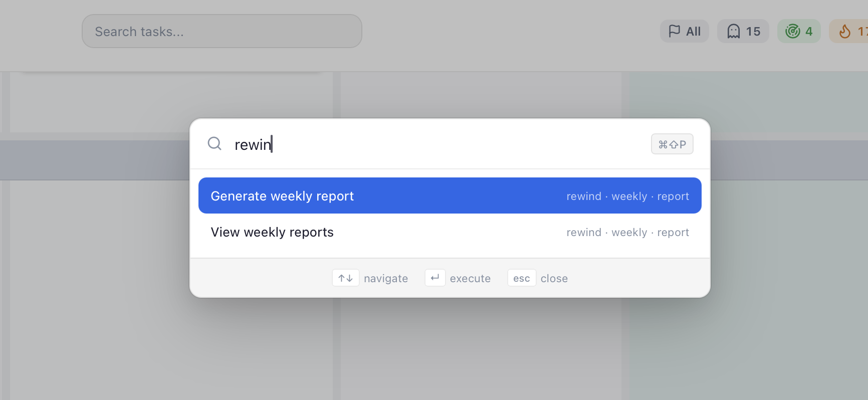 Flowcus command palette showing Rewind weekly report action