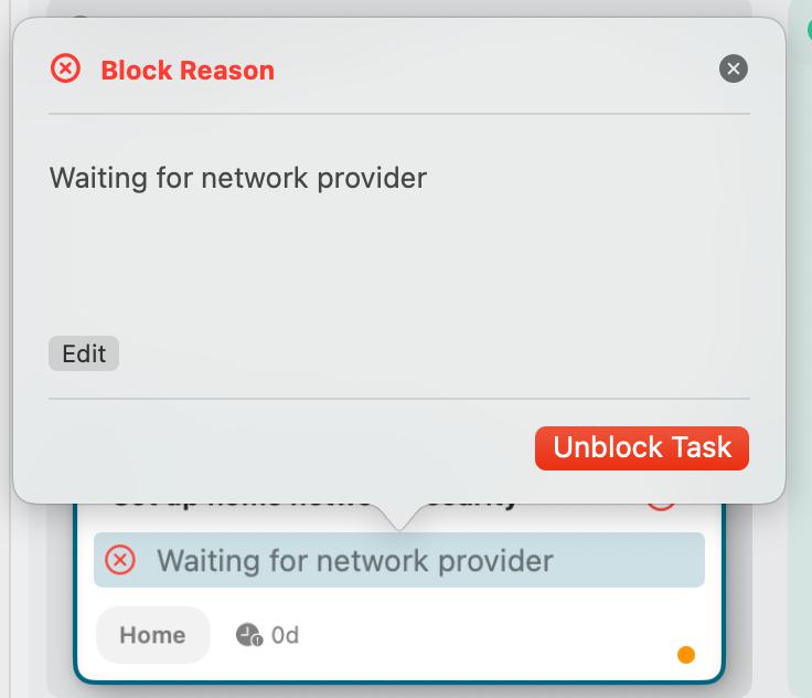Blocked task with block reason dialog