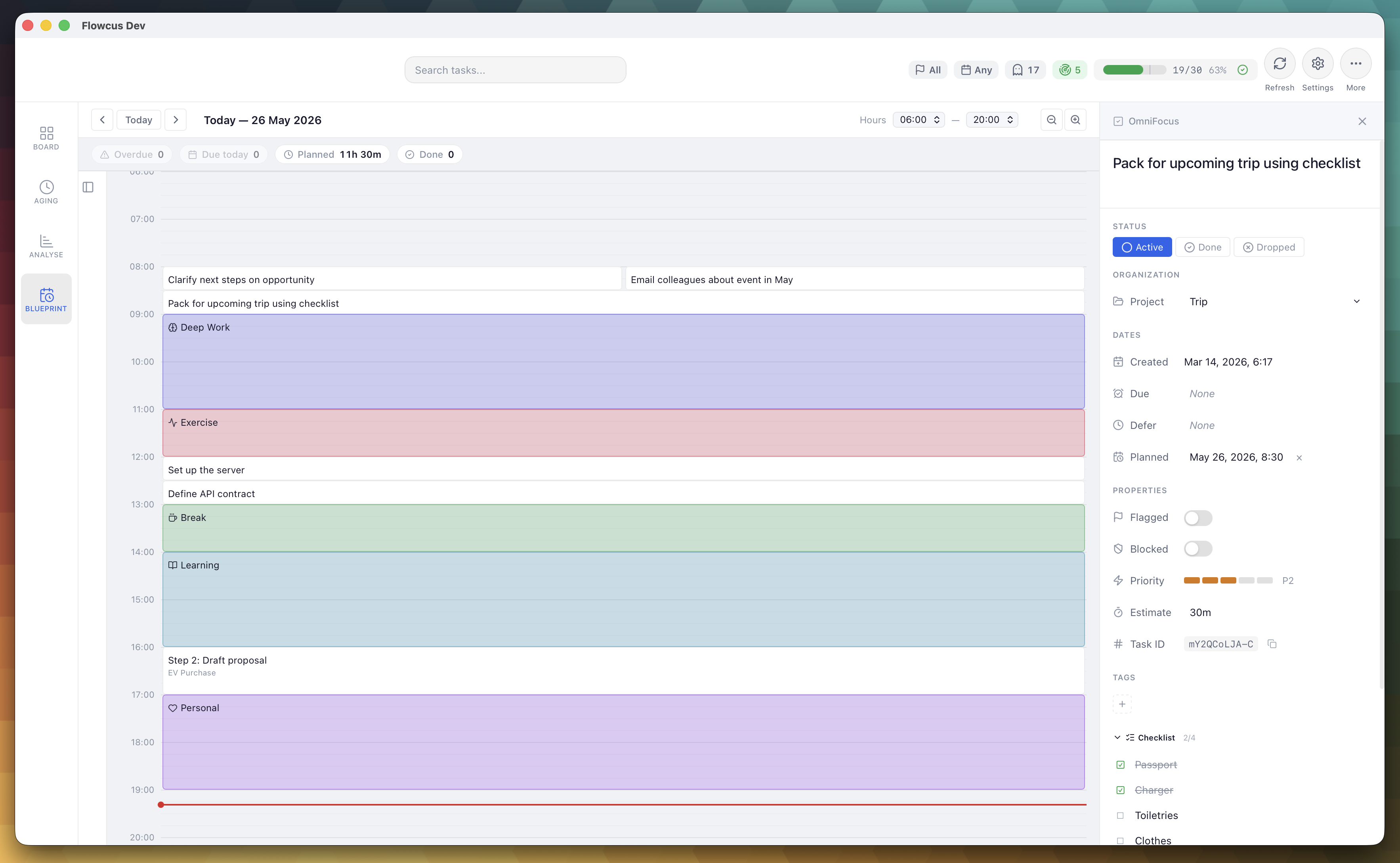 Blueprint view showing a day's time grid with activity blocks and tasks scheduled across working hours, with the Task Inspector open on the right