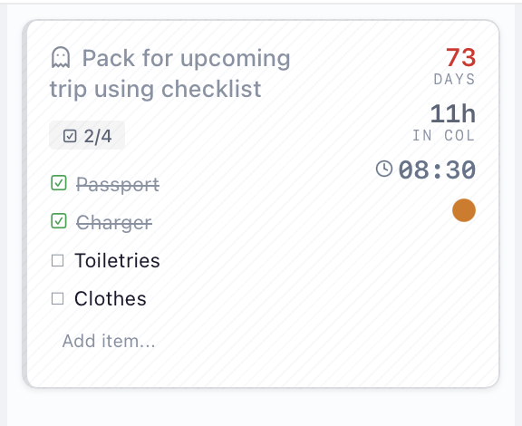 Task card with expanded checklist showing a 2/4 progress badge and four items — two checked off and two remaining