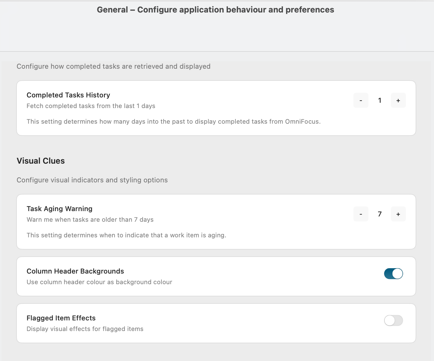 General settings panel