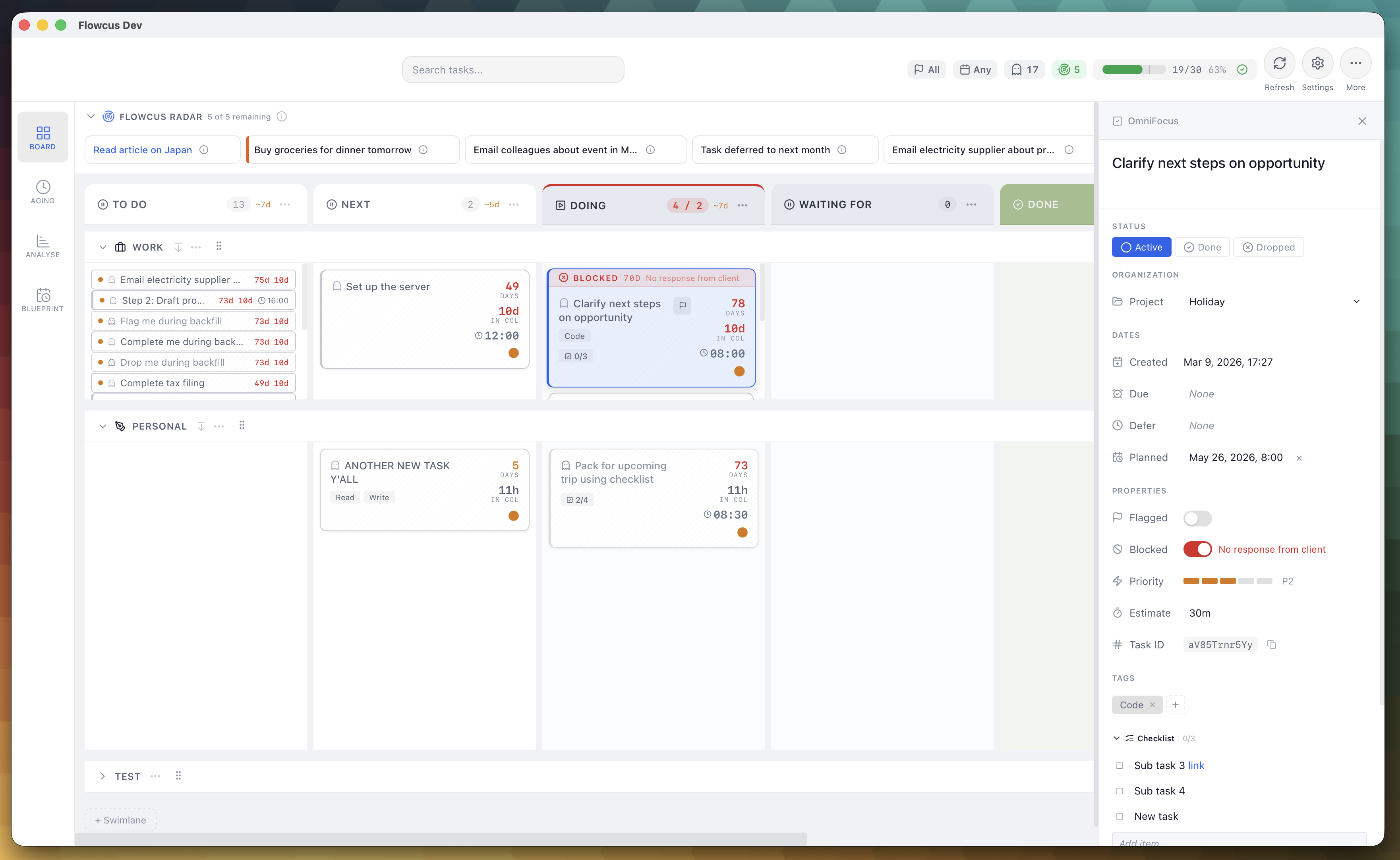 Kanban board with the Task Inspector panel open on the right, showing task details, status, dates, and checklist items alongside the board