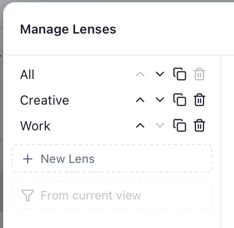 Manage Lenses window listing the All, Creative and Work lenses with reorder, duplicate and delete controls, plus New Lens and From current view buttons