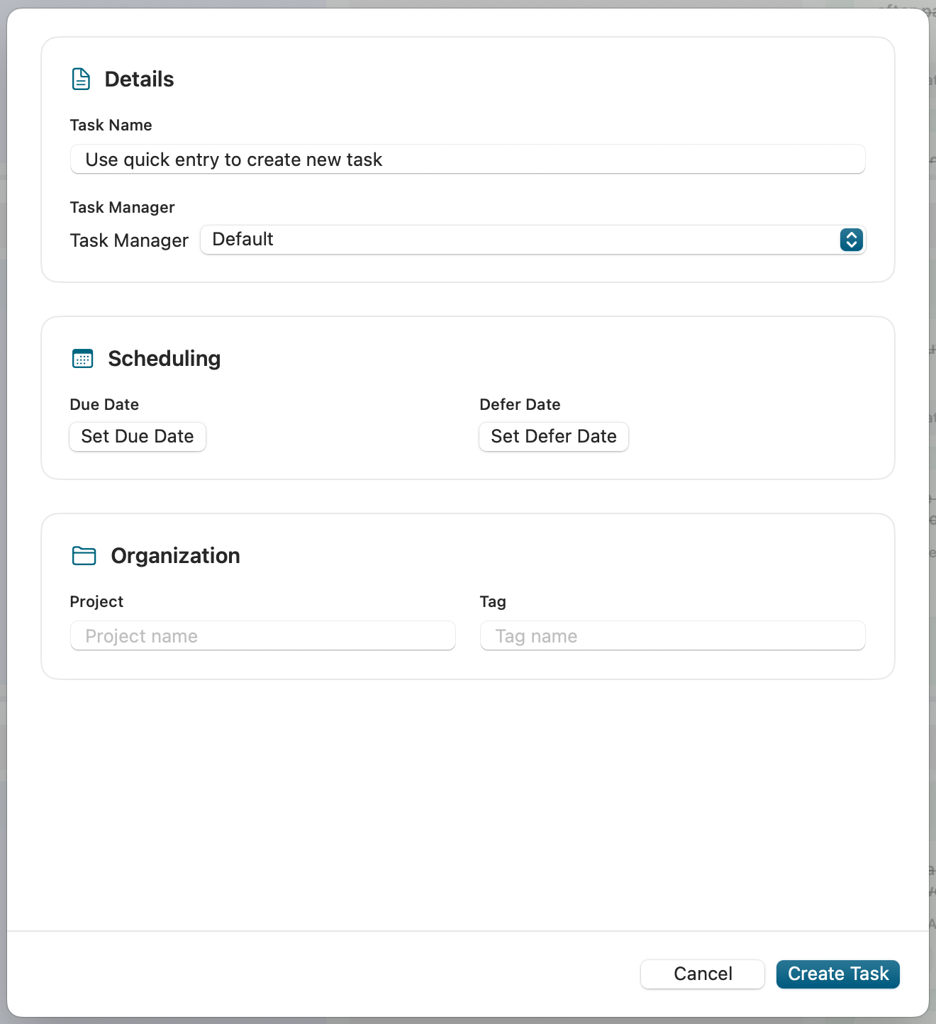 Quick task entry dialog with natural language input