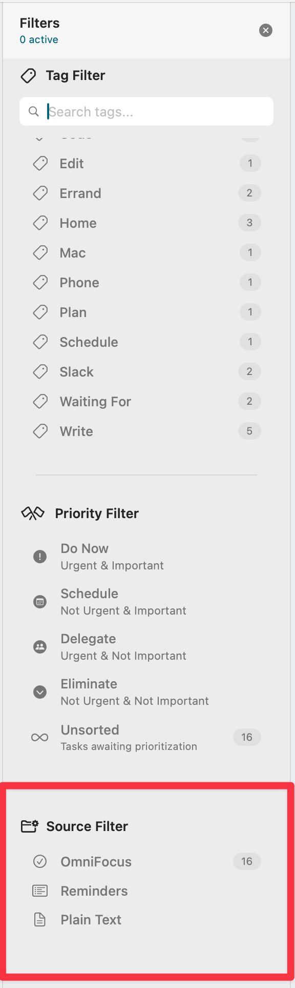Source filter panel