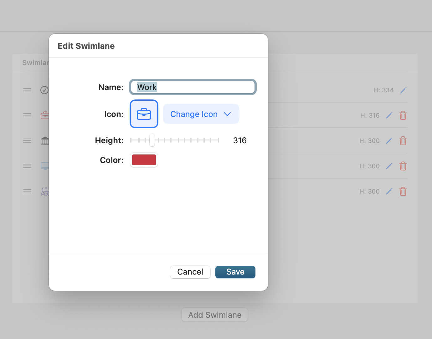 Swimlane Settings Panel showing configuration options for swimlanes