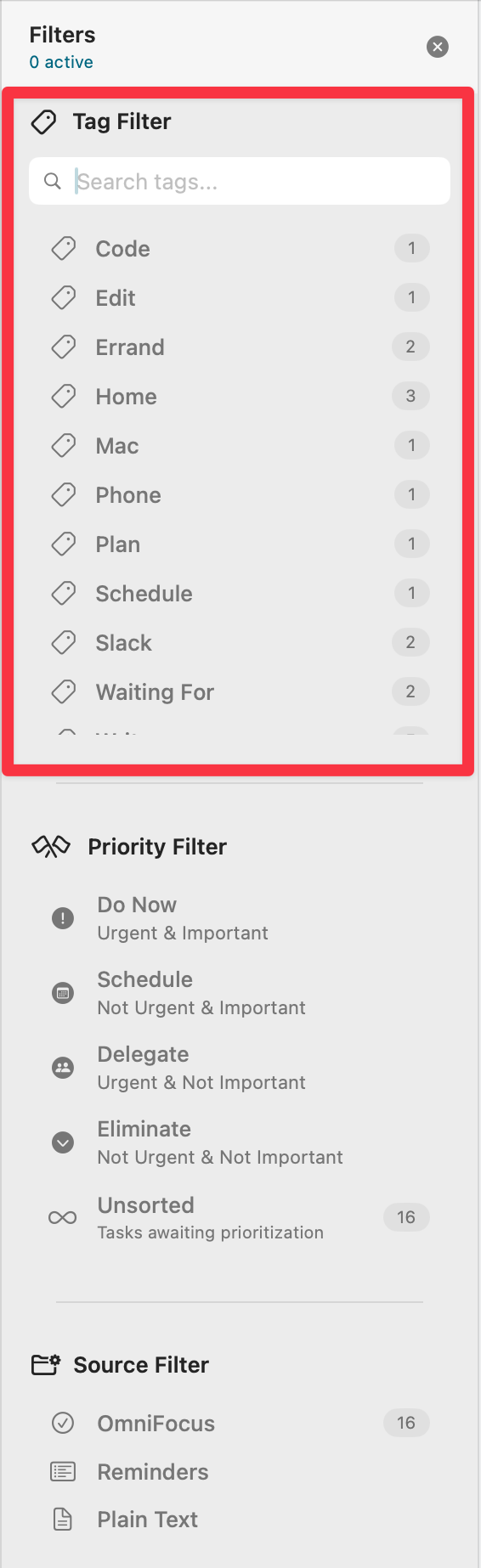 Tag filter panel with selected tags
