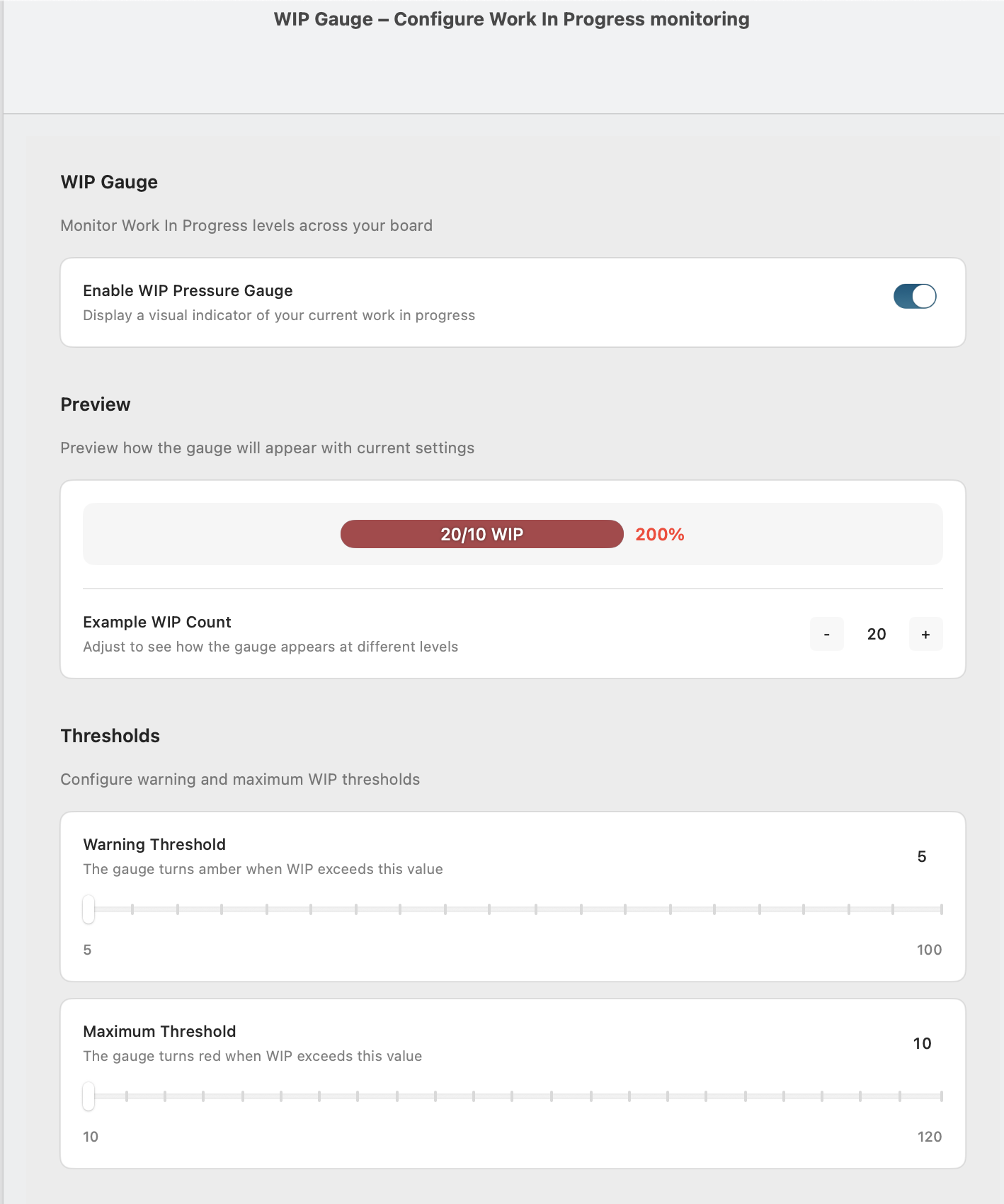 WIP Gauge settings panel showing threshold configuration